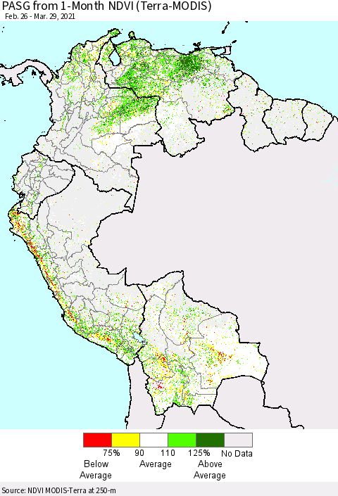 Northern South America PASG from 1-Month NDVI (Terra-MODIS) Thematic Map For 3/22/2021 - 3/29/2021