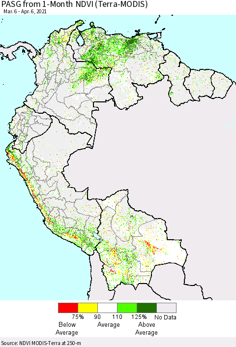 Northern South America PASG from 1-Month NDVI (Terra-MODIS) Thematic Map For 3/30/2021 - 4/6/2021