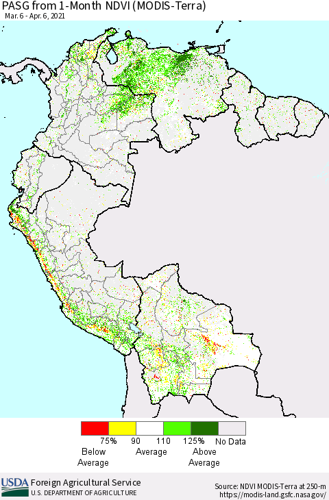 Northern South America PASG from 1-Month NDVI (Terra-MODIS) Thematic Map For 4/1/2021 - 4/10/2021
