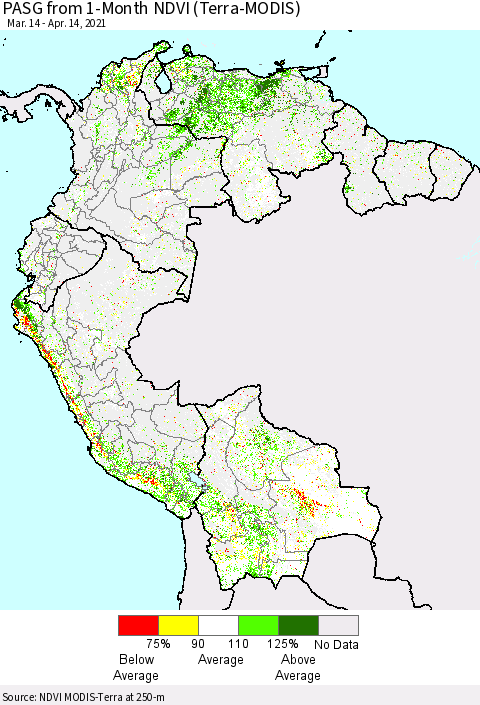 Northern South America PASG from 1-Month NDVI (Terra-MODIS) Thematic Map For 4/7/2021 - 4/14/2021