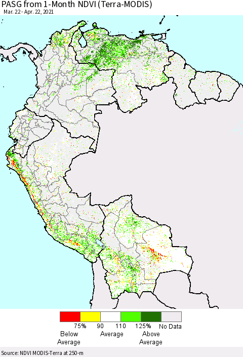 Northern South America PASG from 1-Month NDVI (Terra-MODIS) Thematic Map For 4/15/2021 - 4/22/2021