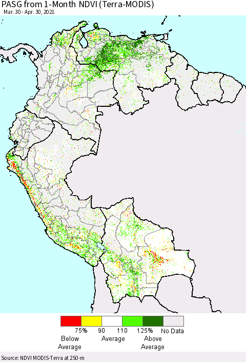 Northern South America PASG from 1-Month NDVI (Terra-MODIS) Thematic Map For 4/23/2021 - 4/30/2021
