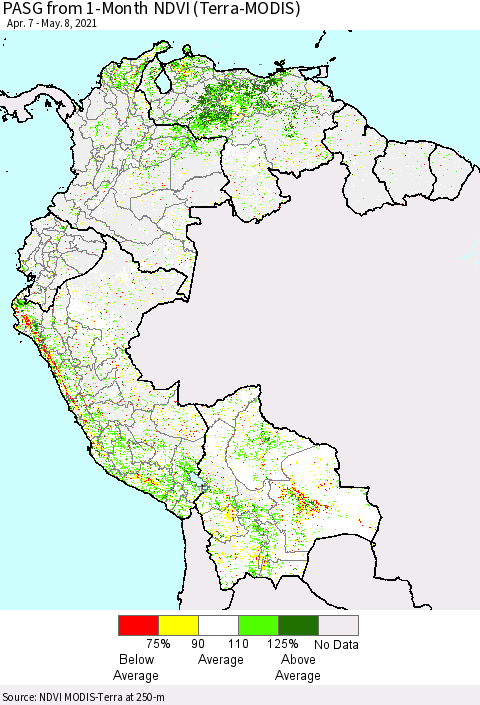 Northern South America PASG from 1-Month NDVI (Terra-MODIS) Thematic Map For 5/1/2021 - 5/8/2021