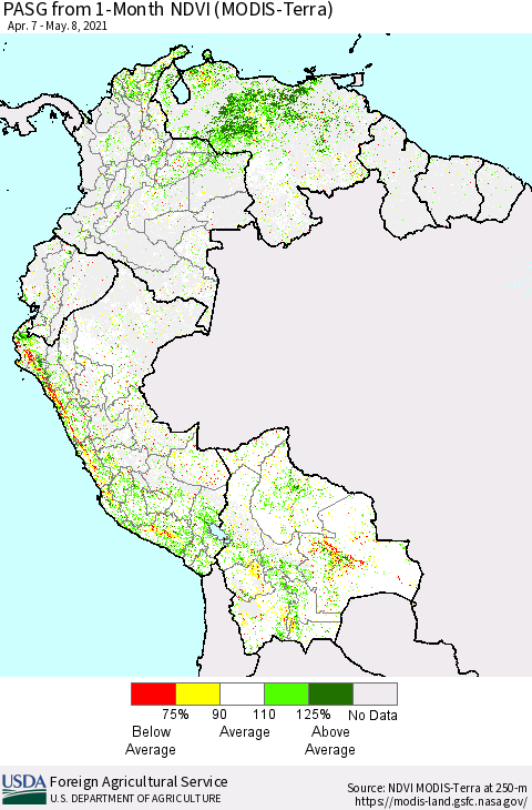 Northern South America PASG from 1-Month NDVI (Terra-MODIS) Thematic Map For 5/1/2021 - 5/10/2021