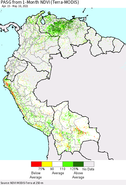 Northern South America PASG from 1-Month NDVI (Terra-MODIS) Thematic Map For 5/9/2021 - 5/16/2021