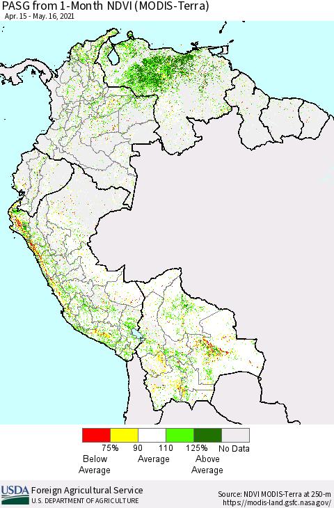 Northern South America PASG from 1-Month NDVI (Terra-MODIS) Thematic Map For 5/11/2021 - 5/20/2021