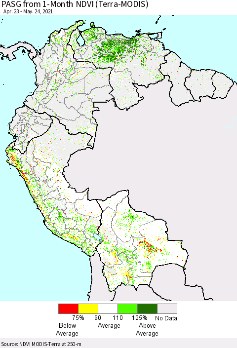 Northern South America PASG from 1-Month NDVI (Terra-MODIS) Thematic Map For 5/17/2021 - 5/24/2021