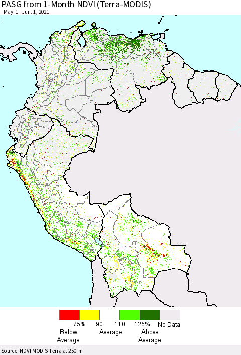Northern South America PASG from 1-Month NDVI (Terra-MODIS) Thematic Map For 5/25/2021 - 6/1/2021