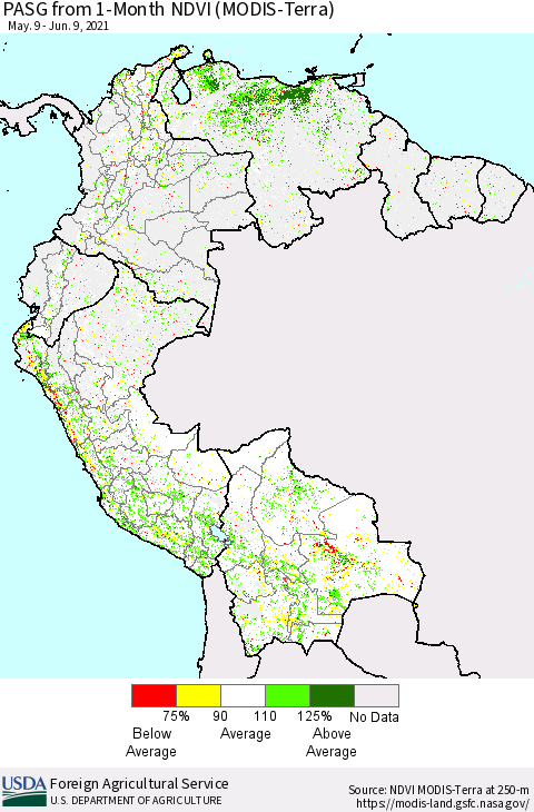 Northern South America PASG from 1-Month NDVI (Terra-MODIS) Thematic Map For 6/1/2021 - 6/10/2021