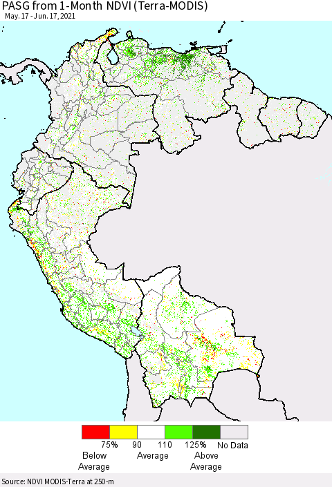 Northern South America PASG from 1-Month NDVI (Terra-MODIS) Thematic Map For 6/10/2021 - 6/17/2021