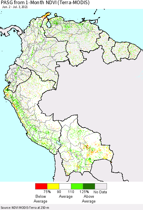 Northern South America PASG from 1-Month NDVI (Terra-MODIS) Thematic Map For 6/26/2021 - 7/3/2021