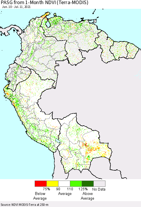 Northern South America PASG from 1-Month NDVI (Terra-MODIS) Thematic Map For 7/4/2021 - 7/11/2021