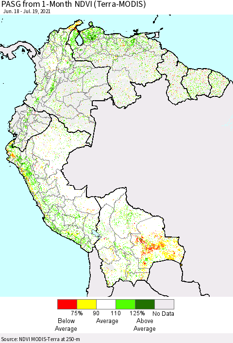 Northern South America PASG from 1-Month NDVI (Terra-MODIS) Thematic Map For 7/12/2021 - 7/19/2021