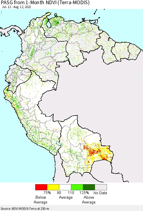 Northern South America PASG from 1-Month NDVI (Terra-MODIS) Thematic Map For 8/5/2021 - 8/12/2021
