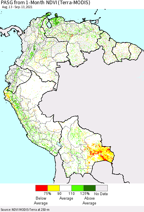 Northern South America PASG from 1-Month NDVI (Terra-MODIS) Thematic Map For 9/6/2021 - 9/13/2021