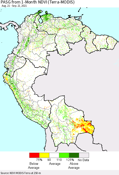 Northern South America PASG from 1-Month NDVI (Terra-MODIS) Thematic Map For 9/14/2021 - 9/21/2021