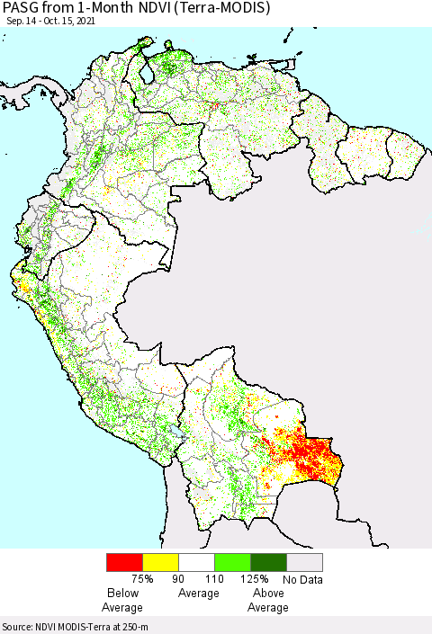Northern South America PASG from 1-Month NDVI (Terra-MODIS) Thematic Map For 10/8/2021 - 10/15/2021