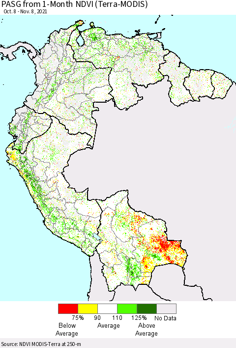 Northern South America PASG from 1-Month NDVI (Terra-MODIS) Thematic Map For 11/1/2021 - 11/8/2021