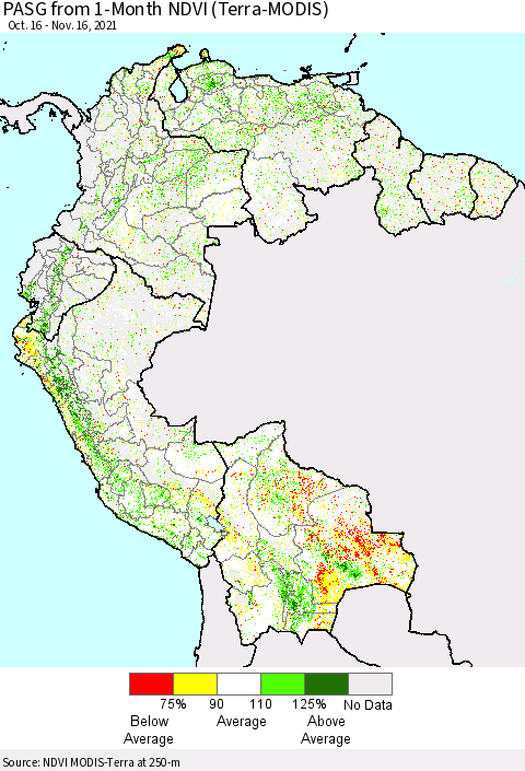 Northern South America PASG from 1-Month NDVI (Terra-MODIS) Thematic Map For 11/9/2021 - 11/16/2021