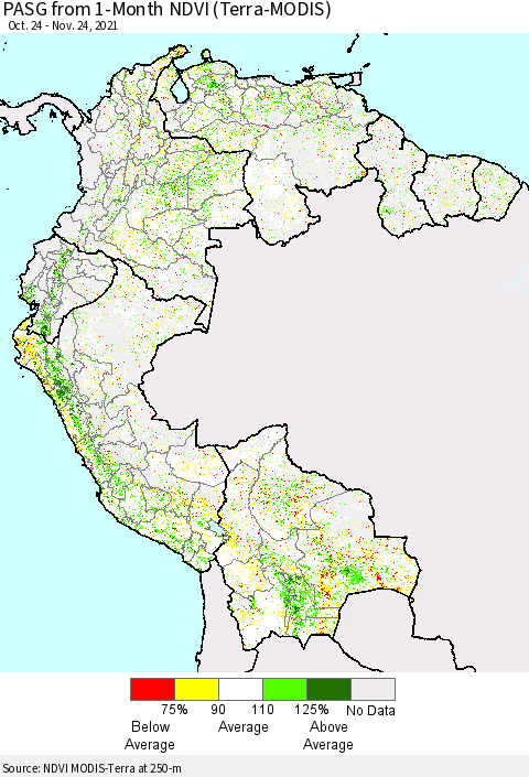 Northern South America PASG from 1-Month NDVI (Terra-MODIS) Thematic Map For 11/17/2021 - 11/24/2021