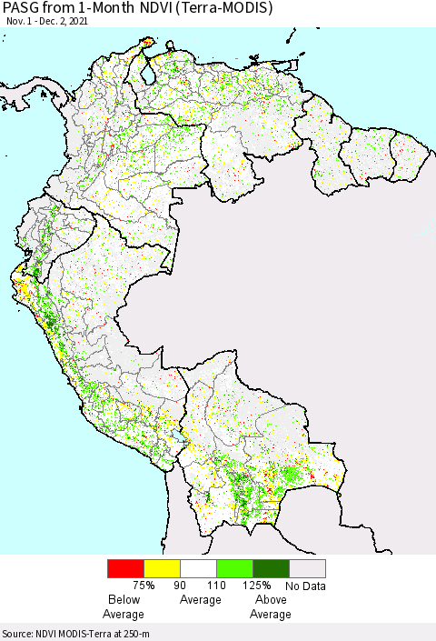 Northern South America PASG from 1-Month NDVI (Terra-MODIS) Thematic Map For 11/25/2021 - 12/2/2021
