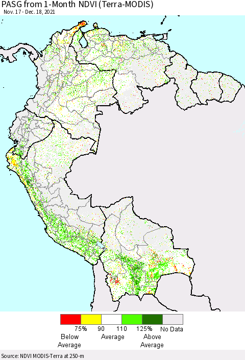 Northern South America PASG from 1-Month NDVI (Terra-MODIS) Thematic Map For 12/11/2021 - 12/18/2021