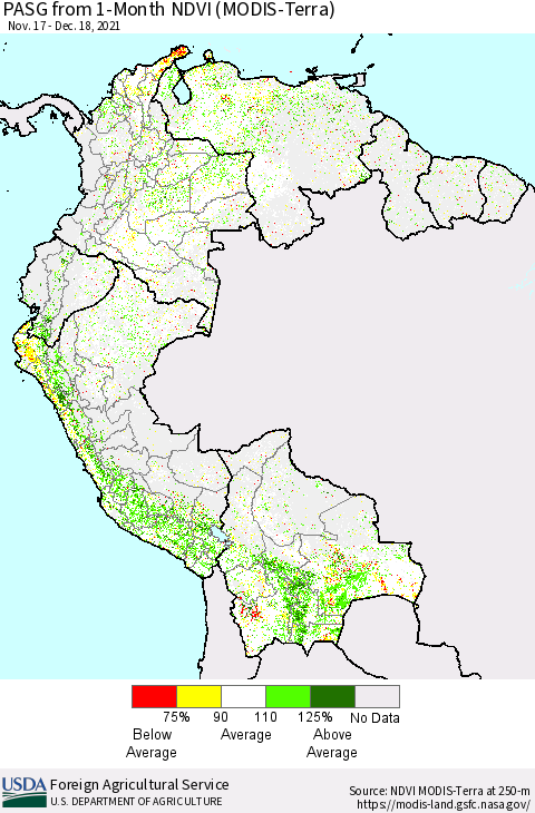 Northern South America PASG from 1-Month NDVI (Terra-MODIS) Thematic Map For 12/11/2021 - 12/20/2021