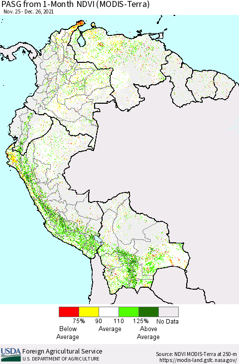 Northern South America PASG from 1-Month NDVI (Terra-MODIS) Thematic Map For 12/21/2021 - 12/31/2021