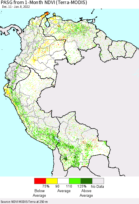 Northern South America PASG from 1-Month NDVI (Terra-MODIS) Thematic Map For 1/1/2022 - 1/8/2022