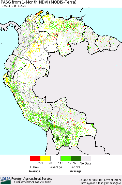 Northern South America PASG from 1-Month NDVI (Terra-MODIS) Thematic Map For 1/1/2022 - 1/10/2022