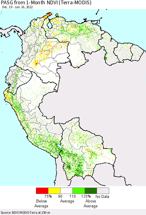 Northern South America PASG from 1-Month NDVI (Terra-MODIS) Thematic Map For 1/9/2022 - 1/16/2022