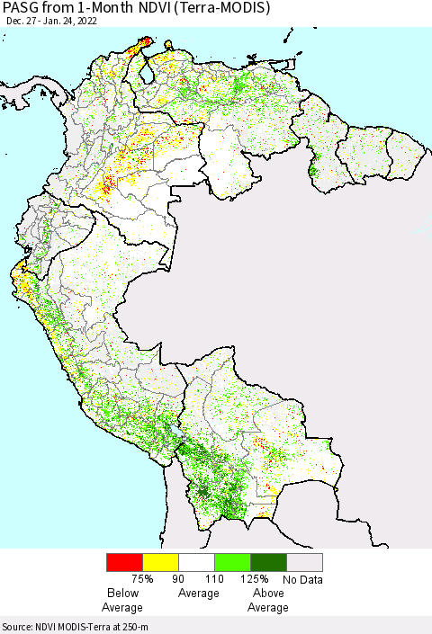 Northern South America PASG from 1-Month NDVI (Terra-MODIS) Thematic Map For 1/17/2022 - 1/24/2022