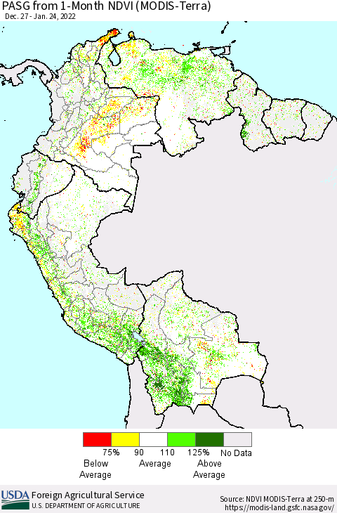 Northern South America PASG from 1-Month NDVI (Terra-MODIS) Thematic Map For 1/21/2022 - 1/31/2022