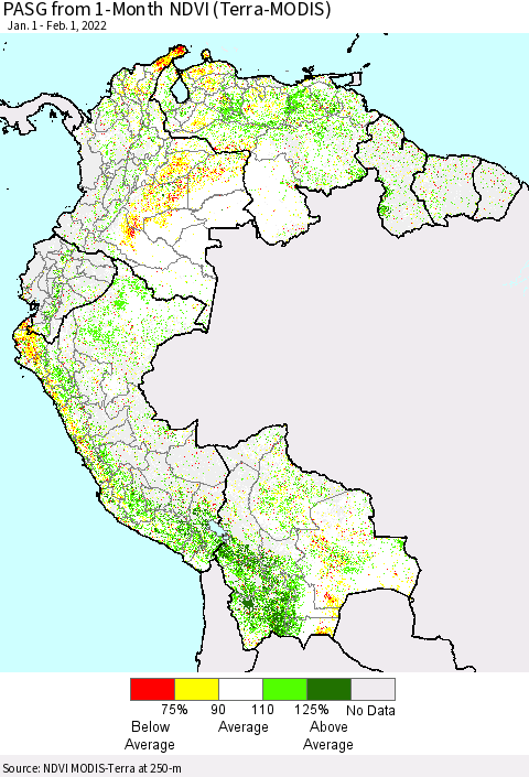 Northern South America PASG from 1-Month NDVI (Terra-MODIS) Thematic Map For 1/25/2022 - 2/1/2022