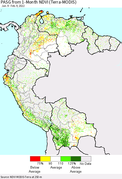 Northern South America PASG from 1-Month NDVI (Terra-MODIS) Thematic Map For 2/2/2022 - 2/9/2022