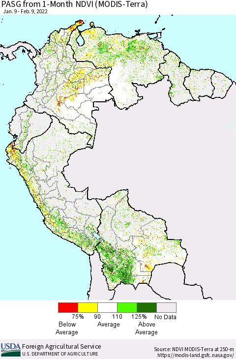 Northern South America PASG from 1-Month NDVI (Terra-MODIS) Thematic Map For 2/1/2022 - 2/10/2022