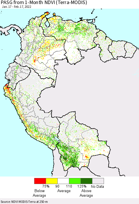 Northern South America PASG from 1-Month NDVI (Terra-MODIS) Thematic Map For 2/10/2022 - 2/17/2022