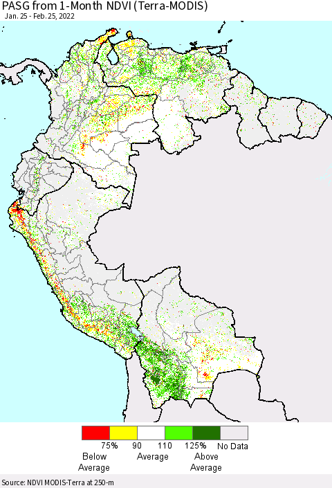 Northern South America PASG from 1-Month NDVI (Terra-MODIS) Thematic Map For 2/18/2022 - 2/25/2022