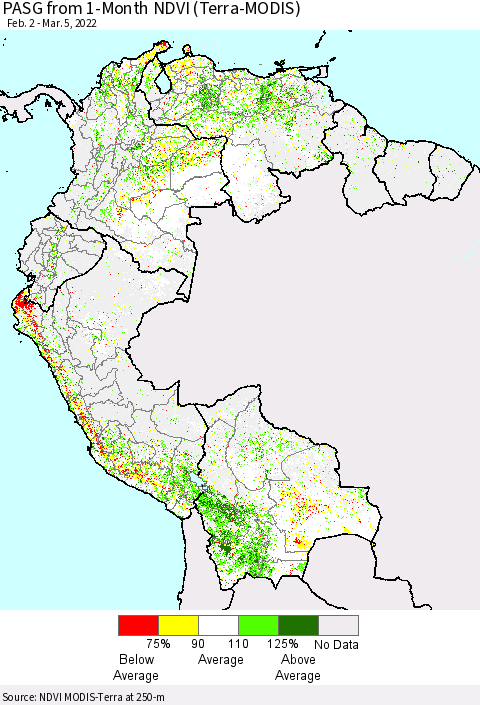 Northern South America PASG from 1-Month NDVI (Terra-MODIS) Thematic Map For 2/26/2022 - 3/5/2022