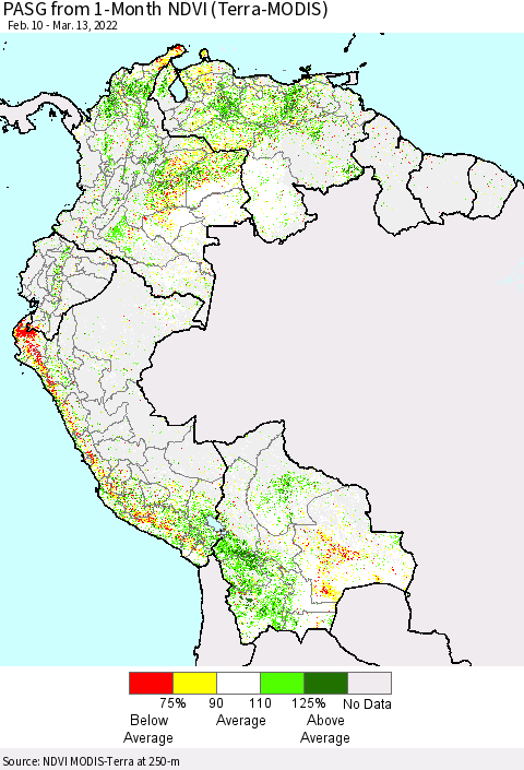 Northern South America PASG from 1-Month NDVI (Terra-MODIS) Thematic Map For 3/6/2022 - 3/13/2022