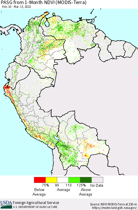 Northern South America PASG from 1-Month NDVI (Terra-MODIS) Thematic Map For 3/11/2022 - 3/20/2022