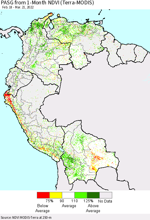 Northern South America PASG from 1-Month NDVI (Terra-MODIS) Thematic Map For 3/14/2022 - 3/21/2022