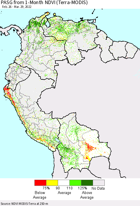 Northern South America PASG from 1-Month NDVI (Terra-MODIS) Thematic Map For 3/22/2022 - 3/29/2022