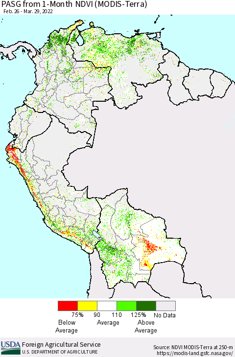 Northern South America PASG from 1-Month NDVI (Terra-MODIS) Thematic Map For 3/21/2022 - 3/31/2022