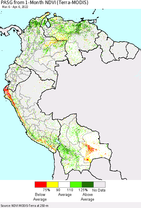 Northern South America PASG from 1-Month NDVI (Terra-MODIS) Thematic Map For 3/30/2022 - 4/6/2022