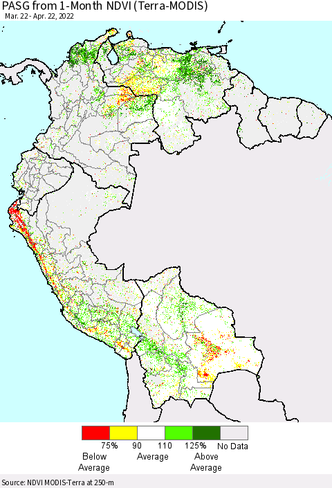 Northern South America PASG from 1-Month NDVI (Terra-MODIS) Thematic Map For 4/15/2022 - 4/22/2022