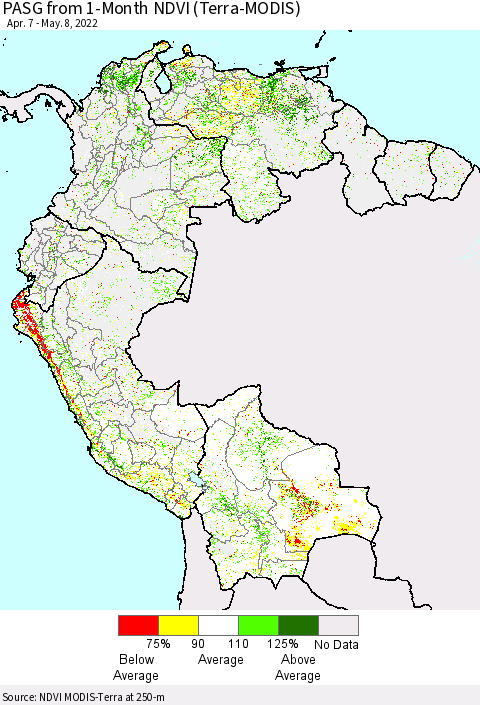 Northern South America PASG from 1-Month NDVI (Terra-MODIS) Thematic Map For 5/1/2022 - 5/8/2022