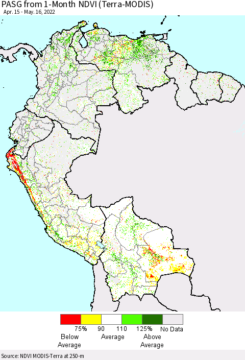 Northern South America PASG from 1-Month NDVI (Terra-MODIS) Thematic Map For 5/9/2022 - 5/16/2022