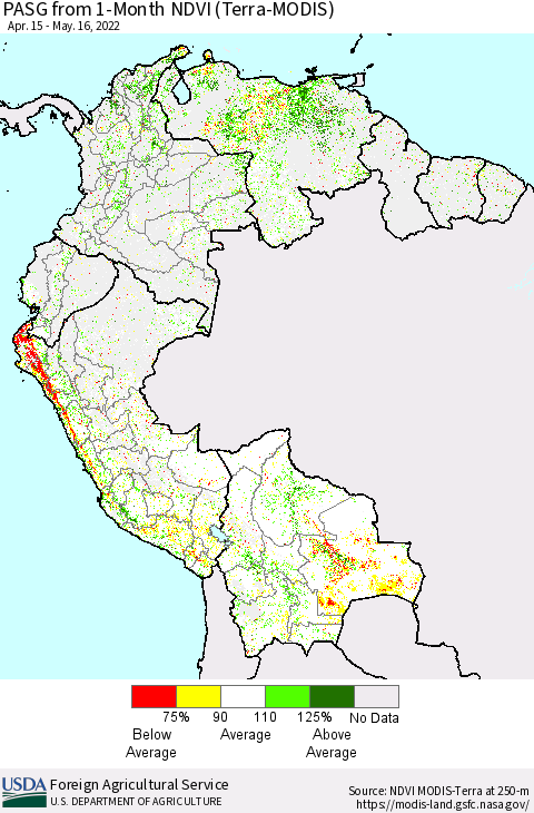 Northern South America PASG from 1-Month NDVI (Terra-MODIS) Thematic Map For 5/11/2022 - 5/20/2022