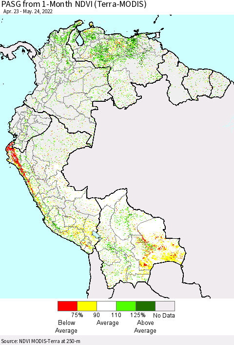 Northern South America PASG from 1-Month NDVI (Terra-MODIS) Thematic Map For 5/17/2022 - 5/24/2022